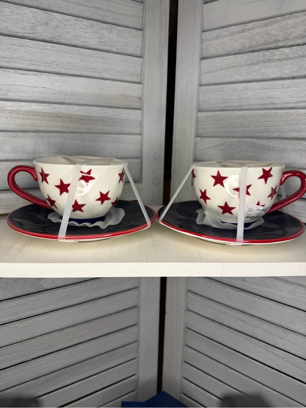 White Teacup and Saucer Set with Red Stars - 2 Piece Set